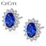 CZCITY New Natural Birthstone Royal Blue Oval Topaz Stud Earrings With Solid 925 Sterling Silver Fine Jewelry For Women Brincos
