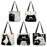 Customized Cute Cat Printing Women Handbag Linen Tote Bags with Print Logo Casual Traveling Beach Bags
