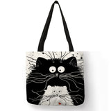 Customized Cute Cat Printing Women Handbag Linen Tote Bags with Print Logo Casual Traveling Beach Bags