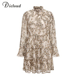 DICLOUD Leopard Print High Neck Chiffon Dress For Women 2020 Spring Winter Long Sleeve Mini Party Dress Sexy Clothing Female