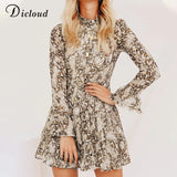 DICLOUD Leopard Print High Neck Chiffon Dress For Women 2020 Spring Winter Long Sleeve Mini Party Dress Sexy Clothing Female