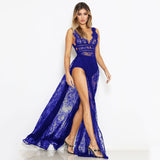 Elegant Sexy Women Sheer Lace Maxi Dress Deep V-Neck Sleeveless High Split Solid Slim Long Dresses Club Party Rave Streetwear