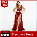 Elegant Sexy Women Sheer Lace Maxi Dress Deep V-Neck Sleeveless High Split Solid Slim Long Dresses Club Party Rave Streetwear