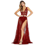 Elegant Sexy Women Sheer Lace Maxi Dress Deep V-Neck Sleeveless High Split Solid Slim Long Dresses Club Party Rave Streetwear