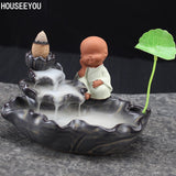 dasda  Little Monk Backflow Incense Burner Home Decoration Creative Ceramic Cone Waterfall Incense Holder Buddhist Censer + 10pcs Cones