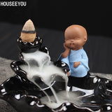dasda  Little Monk Backflow Incense Burner Home Decoration Creative Ceramic Cone Waterfall Incense Holder Buddhist Censer + 10pcs Cones