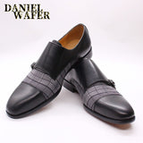 Luxury Men's Loafers Patchwork Plaids Cloth Double Monk Strap Slip On Cap Toe Brown Black For Men Casual Dress Leather Shoes Men