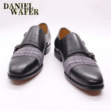 Luxury Men's Loafers Patchwork Plaids Cloth Double Monk Strap Slip On Cap Toe Brown Black For Men Casual Dress Leather Shoes Men