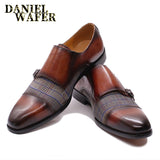 Luxury Men's Loafers Patchwork Plaids Cloth Double Monk Strap Slip On Cap Toe Brown Black For Men Casual Dress Leather Shoes Men