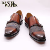 Luxury Men's Loafers Patchwork Plaids Cloth Double Monk Strap Slip On Cap Toe Brown Black For Men Casual Dress Leather Shoes Men