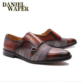 Luxury Men's Loafers Patchwork Plaids Cloth Double Monk Strap Slip On Cap Toe Brown Black For Men Casual Dress Leather Shoes Men