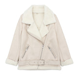 Ly Varey Lin New Women Lamb Fur Faux Leather Jacket Coat Turn Down Collar Winter Thick Warm Oversized Zipper With Belt Outerwear