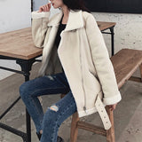 Ly Varey Lin New Women Lamb Fur Faux Leather Jacket Coat Turn Down Collar Winter Thick Warm Oversized Zipper With Belt Outerwear