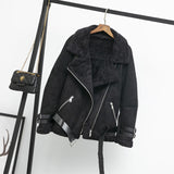Ly Varey Lin Women Suede Jacket Coats Faux Lamb Wool Fur Collar Leather Jacket Warm Winter Female Black Casual Thick Outerwear