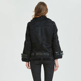 Ly Varey Lin Women Suede Jacket Coats Faux Lamb Wool Fur Collar Leather Jacket Warm Winter Female Black Casual Thick Outerwear