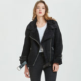 Ly Varey Lin Women Suede Jacket Coats Faux Lamb Wool Fur Collar Leather Jacket Warm Winter Female Black Casual Thick Outerwear