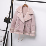 Ly Varey Lin Women Suede Jacket Coats Faux Lamb Wool Fur Collar Leather Jacket Warm Winter Female Black Casual Thick Outerwear