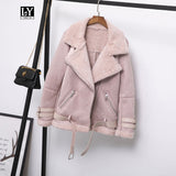 Ly Varey Lin Women Suede Jacket Coats Faux Lamb Wool Fur Collar Leather Jacket Warm Winter Female Black Casual Thick Outerwear