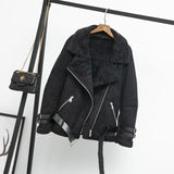 Ly Varey Lin Women Suede Jacket Coats Faux Lamb Wool Fur Collar Leather Jacket Warm Winter Female Black Casual Thick Outerwear