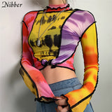 Nibber fashion mesh Colorful print Ruffle tops womens basic T-shirts2019autumn hot sale Thin Slim street Casual tee shirts mujer - app80