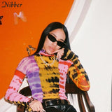 Nibber fashion mesh Colorful print Ruffle tops womens basic T-shirts2019autumn hot sale Thin Slim street Casual tee shirts mujer - app80