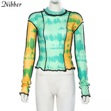 Nibber fashion mesh Colorful print Ruffle tops womens basic T-shirts2019autumn hot sale Thin Slim street Casual tee shirts mujer - app80