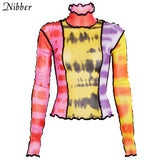 Nibber fashion mesh Colorful print Ruffle tops womens basic T-shirts2019autumn hot sale Thin Slim street Casual tee shirts mujer - app80
