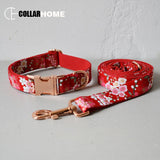 Nice chinese red flower bow dog collar leash engrave free pet necklace straps for medium big small dogs rose gold buckle bowknot