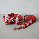 Nice chinese red flower bow dog collar leash engrave free pet necklace straps for medium big small dogs rose gold buckle bowknot