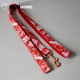 Nice chinese red flower bow dog collar leash engrave free pet necklace straps for medium big small dogs rose gold buckle bowknot