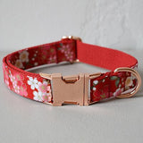 Nice chinese red flower bow dog collar leash engrave free pet necklace straps for medium big small dogs rose gold buckle bowknot