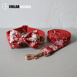 Nice chinese red flower bow dog collar leash engrave free pet necklace straps for medium big small dogs rose gold buckle bowknot