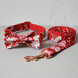 ssss  Nice handmade flower dog collar leash Chinese red pet necklace straps for medium big small dogs free engrave name metal buckles