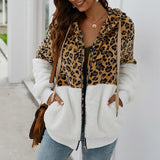 Patchwork Leopard Printed Hoodie Hooded Long Sleeve Women Sweatshirts Zip-up Pockets Fashion Autumn Winter Coat Streetwear M0607