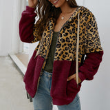 Patchwork Leopard Printed Hoodie Hooded Long Sleeve Women Sweatshirts Zip-up Pockets Fashion Autumn Winter Coat Streetwear M0607
