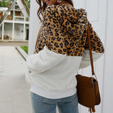 Patchwork Leopard Printed Hoodie Hooded Long Sleeve Women Sweatshirts Zip-up Pockets Fashion Autumn Winter Coat Streetwear M0607