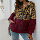 Patchwork Leopard Printed Hoodie Hooded Long Sleeve Women Sweatshirts Zip-up Pockets Fashion Autumn Winter Coat Streetwear M0607