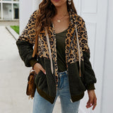 Patchwork Leopard Printed Hoodie Hooded Long Sleeve Women Sweatshirts Zip-up Pockets Fashion Autumn Winter Coat Streetwear M0607