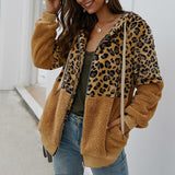 Patchwork Leopard Printed Hoodie Hooded Long Sleeve Women Sweatshirts Zip-up Pockets Fashion Autumn Winter Coat Streetwear M0607