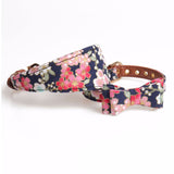 Pretty PU Leather Dog Collar Bow Flower Print Dog Leash Collar Bandana Outdoor Pet Small Dog Puppy Walking Lead Chain
