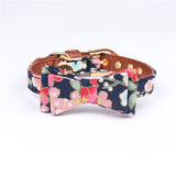 Pretty PU Leather Dog Collar Bow Flower Print Dog Leash Collar Bandana Outdoor Pet Small Dog Puppy Walking Lead Chain