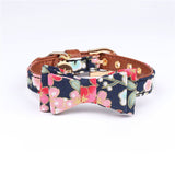 Pretty PU Leather Dog Collar Bow Flower Print Dog Leash Collar Bandana Outdoor Pet Small Dog Puppy Walking Lead Chain
