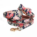 Pretty PU Leather Dog Collar Bow Flower Print Dog Leash Collar Bandana Outdoor Pet Small Dog Puppy Walking Lead Chain