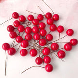 Red Mini Fake Fruit Artificial Flower Cherry Stamen Gifts For The New Year Christmas Pendant Tree Decorations Berry DecorationD
