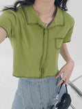 2022 New Summer Short Sleeve Women White T-shirt Fashion Polo-neck Pockets Loose Korean Green Tops Casual Trend Clothes Female