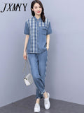 JXMYY Fashion Simple Casual Denim Suit Female Summer 2022 New Clothes Age-Reducing Temperament Top Two-Piece