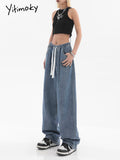 Yitimoky Drawstring Summer Denim Trousers for Women Washed Loose Baggy Women Jeans Pants Casual Elegant Low Waist Female Jeans