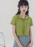 2022 New Summer Short Sleeve Women White T-shirt Fashion Polo-neck Pockets Loose Korean Green Tops Casual Trend Clothes Female