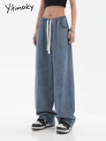 Yitimoky Drawstring Summer Denim Trousers for Women Washed Loose Baggy Women Jeans Pants Casual Elegant Low Waist Female Jeans
