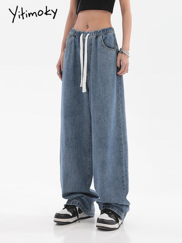 Yitimoky Drawstring Summer Denim Trousers for Women Washed Loose Baggy Women Jeans Pants Casual Elegant Low Waist Female Jeans